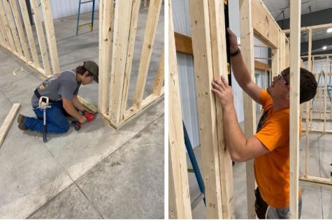 Carpentry students framing rooms at fairgrounds